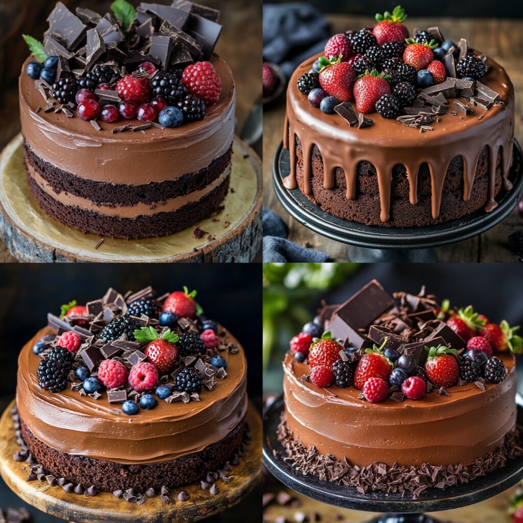 Indulgent chocolate ganache cake with rich layers of moist chocolate, silky ganache frosting, and decorated with dark chocolate shavings and berries.