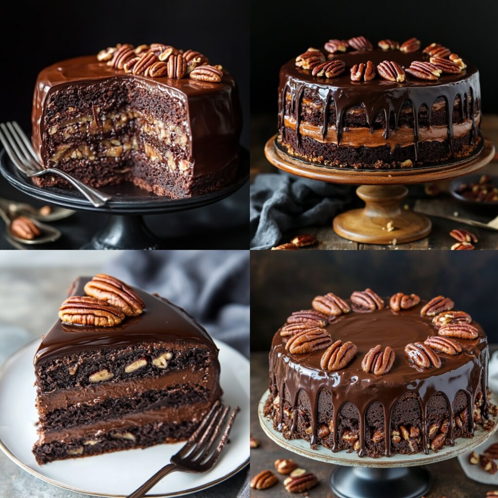 A decadent Chocolate Pecan Pie Cake that combines rich chocolate layers with pecan pie filling, topped with silky chocolate ganache and toasted pecans for a luxurious dessert.