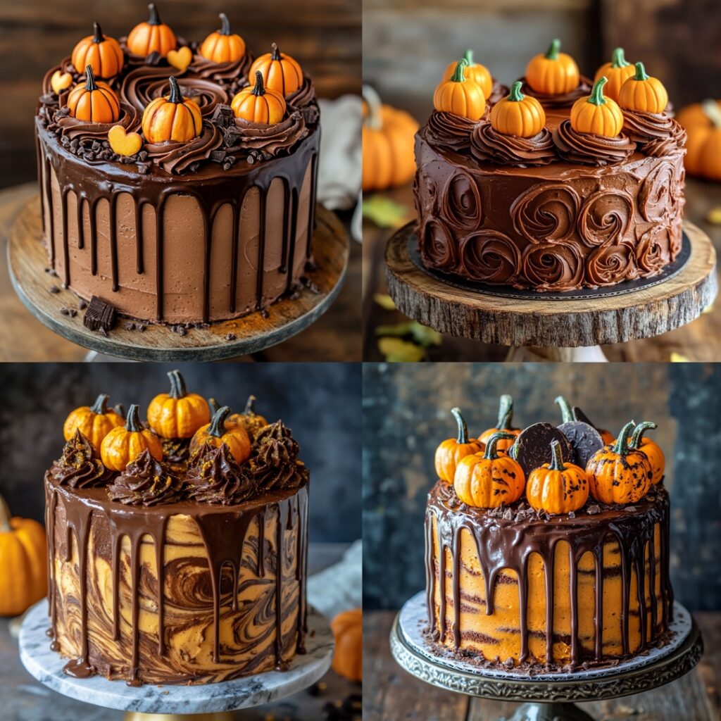Unique chocolate pumpkin swirl cake with rich chocolate batter and spiced pumpkin, frosted with creamy chocolate ganache and garnished with mini pumpkins.