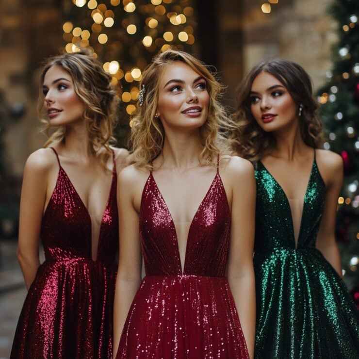 Christmas bridesmaid dresses in bold hues and shimmering fabrics, offering festive and elegant options to suit different wedding themes for a magical winter celebration.