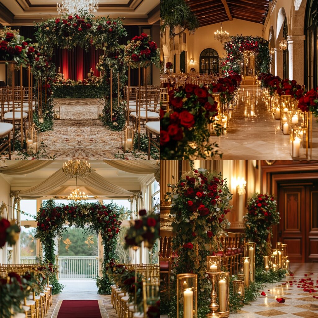 Elegant wedding ceremony decorated in rich red, green, and gold, with deep red roses, lush greenery, and golden accents for a festive yet sophisticated atmosphere.