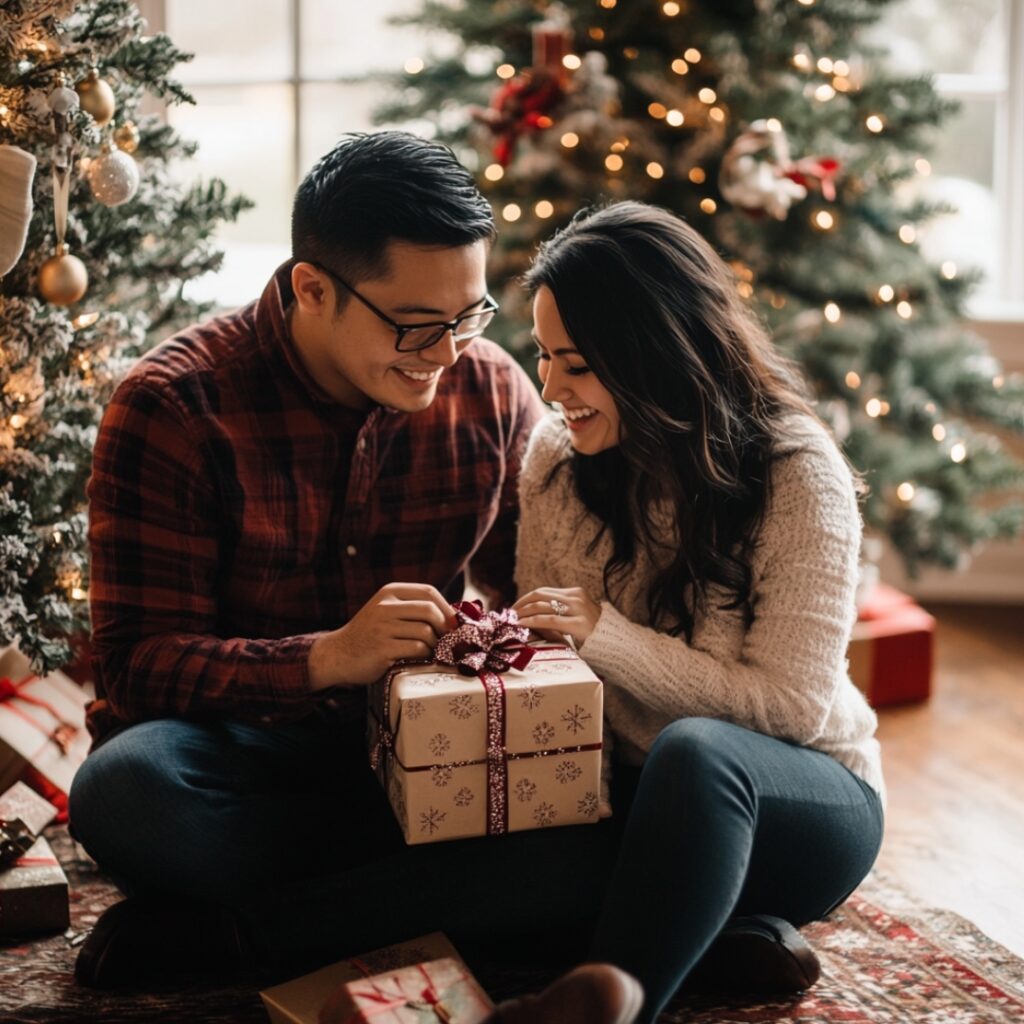 A couple sitting by a Christmas tree, with one partner opening a wrapped gift containing an engagement ring, capturing a heartwarming and joyful Christmas morning proposal.