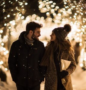 A heartfelt Christmas proposal celebrating love and the festive spirit, whether through a snowy walk or dazzling light display, creating a magical and unforgettable moment.