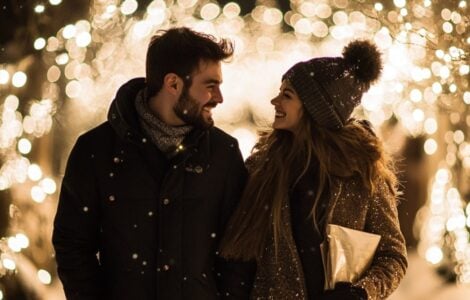 A heartfelt Christmas proposal celebrating love and the festive spirit, whether through a snowy walk or dazzling light display, creating a magical and unforgettable moment.