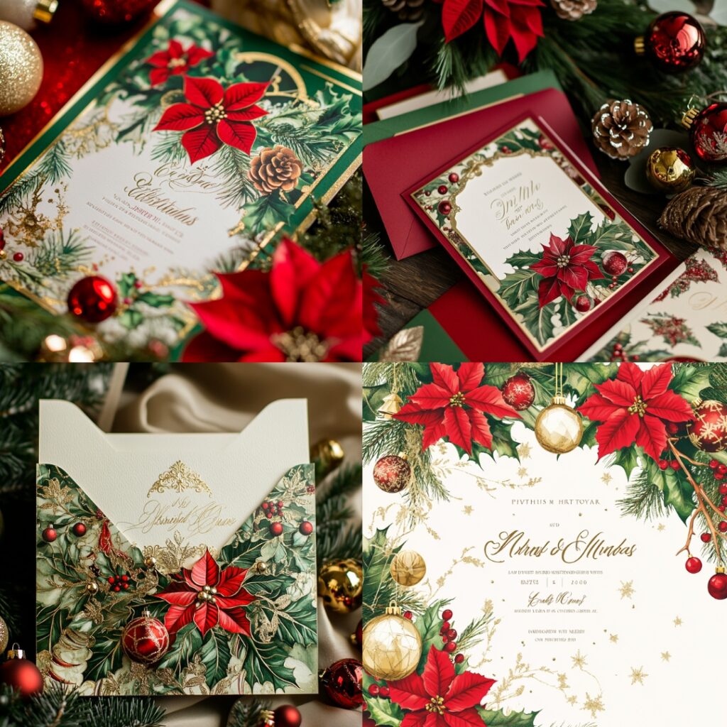 A Christmas-themed wedding invitation featuring festive red, green, and gold colors, adorned with mistletoe, poinsettias, and holiday ornaments for a joyful December wedding.