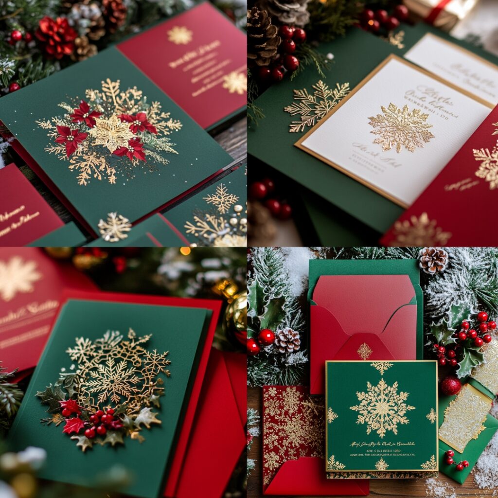Festive Christmas-themed wedding invitations featuring snowflakes, holly, and gold foil accents, with a red and green color scheme.