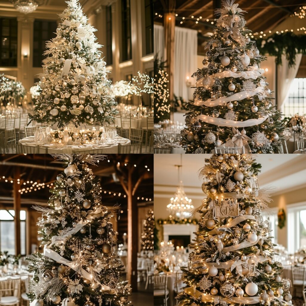 A tall Christmas tree decorated with white lights, silver ornaments, ribbons, and personalized wedding-themed ornaments, creating a festive atmosphere at a December wedding.