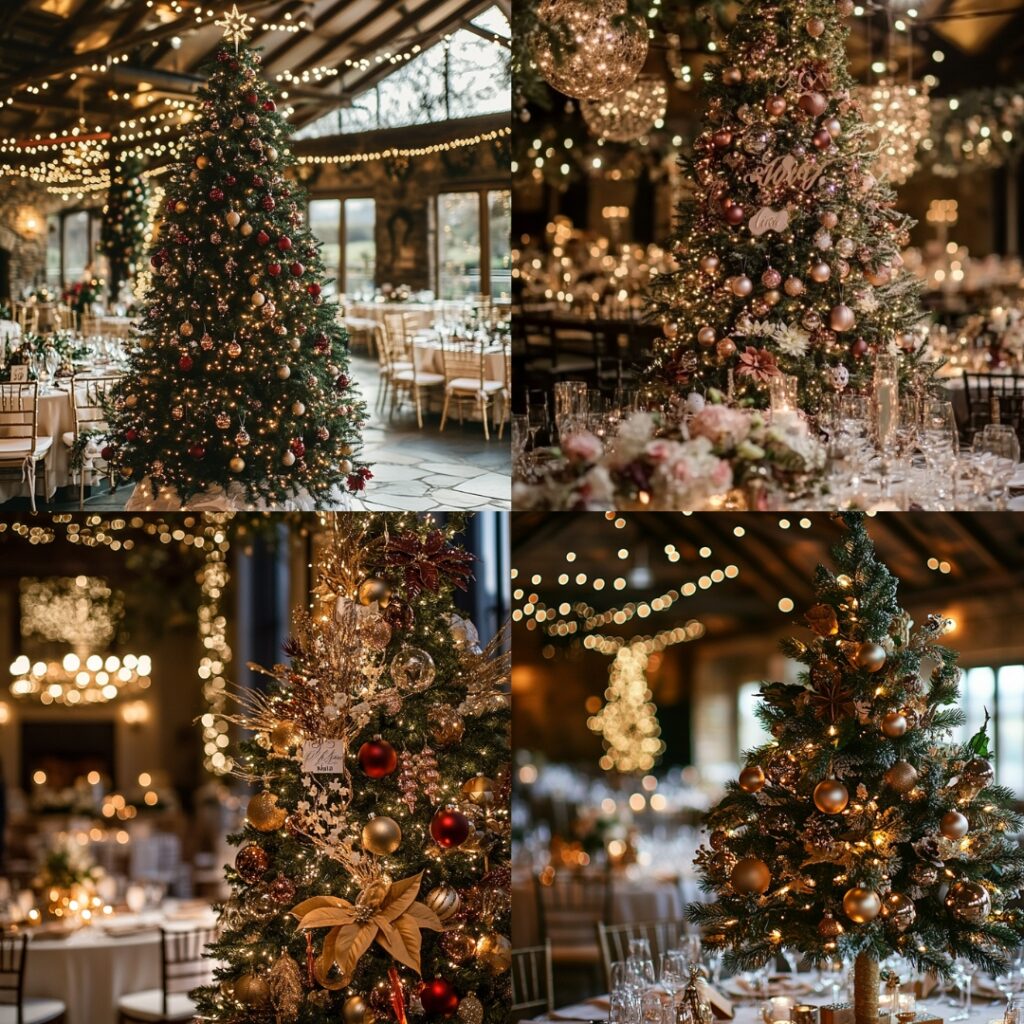 A beautifully decorated Christmas tree adorned with fairy lights, ornaments, and personalized baubles, serving as a stunning focal point at a wedding venue.