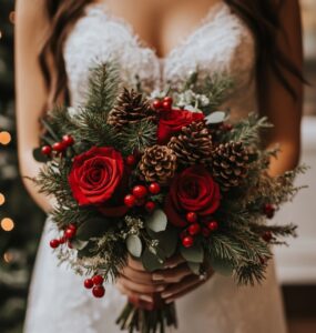 A bride holding a festive Christmas wedding bouquet that reflects her personal style, featuring seasonal elements like red roses, pinecones, and berries, adding a magical touch to her winter celebration.