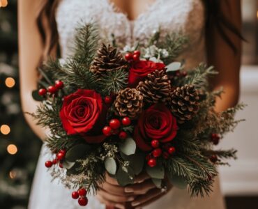 A bride holding a festive Christmas wedding bouquet that reflects her personal style, featuring seasonal elements like red roses, pinecones, and berries, adding a magical touch to her winter celebration.