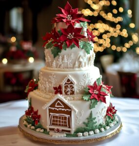 A beautifully decorated Christmas wedding cake showcasing festive designs like poinsettias or gingerbread houses, capturing the warmth and magic of the holiday season.