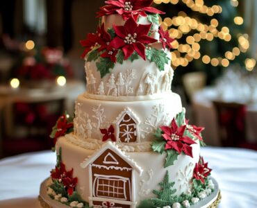 A beautifully decorated Christmas wedding cake showcasing festive designs like poinsettias or gingerbread houses, capturing the warmth and magic of the holiday season.