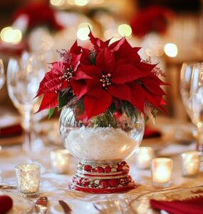 Christmas wedding centerpieces, from traditional poinsettias to whimsical snow globes, adding festive charm and creating a cozy, magical atmosphere for your winter wedding celebration.