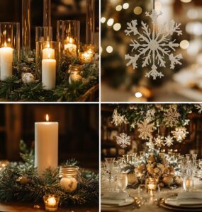 Festive Christmas wedding decorations featuring holiday greenery, glowing candles, and sparkling snowflakes, creating a magical and romantic winter wedding atmosphere.