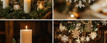 Festive Christmas wedding decorations featuring holiday greenery, glowing candles, and sparkling snowflakes, creating a magical and romantic winter wedding atmosphere.