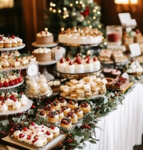 An elegant Christmas wedding dessert table featuring a variety of festive treats like fruitcake, peppermint mousse cups, and gingerbread, perfectly capturing the holiday spirit.