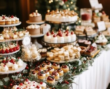 An elegant Christmas wedding dessert table featuring a variety of festive treats like fruitcake, peppermint mousse cups, and gingerbread, perfectly capturing the holiday spirit.