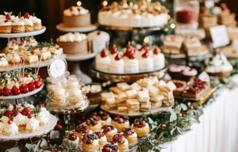 An elegant Christmas wedding dessert table featuring a variety of festive treats like fruitcake, peppermint mousse cups, and gingerbread, perfectly capturing the holiday spirit.