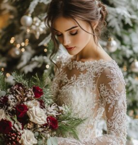 A collection of Christmas wedding dress ideas, showcasing timeless lace, luxurious velvet, and dazzling sequins to create the perfect bridal look for a winter wonderland wedding.
