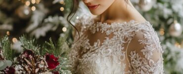 A collection of Christmas wedding dress ideas, showcasing timeless lace, luxurious velvet, and dazzling sequins to create the perfect bridal look for a winter wonderland wedding.