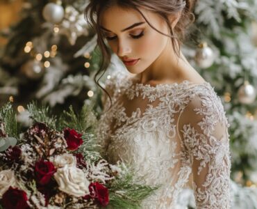 A collection of Christmas wedding dress ideas, showcasing timeless lace, luxurious velvet, and dazzling sequins to create the perfect bridal look for a winter wonderland wedding.