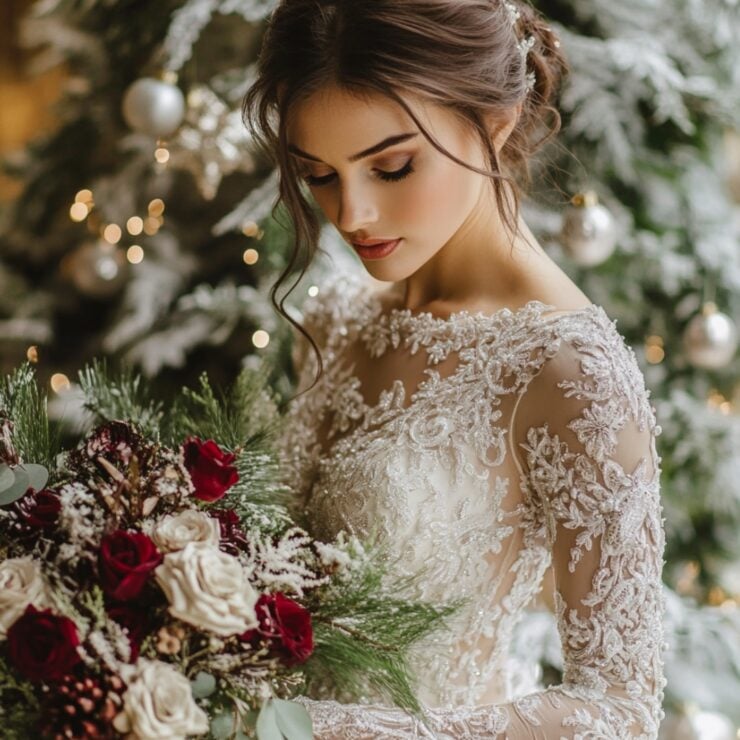 A collection of Christmas wedding dress ideas, showcasing timeless lace, luxurious velvet, and dazzling sequins to create the perfect bridal look for a winter wonderland wedding.