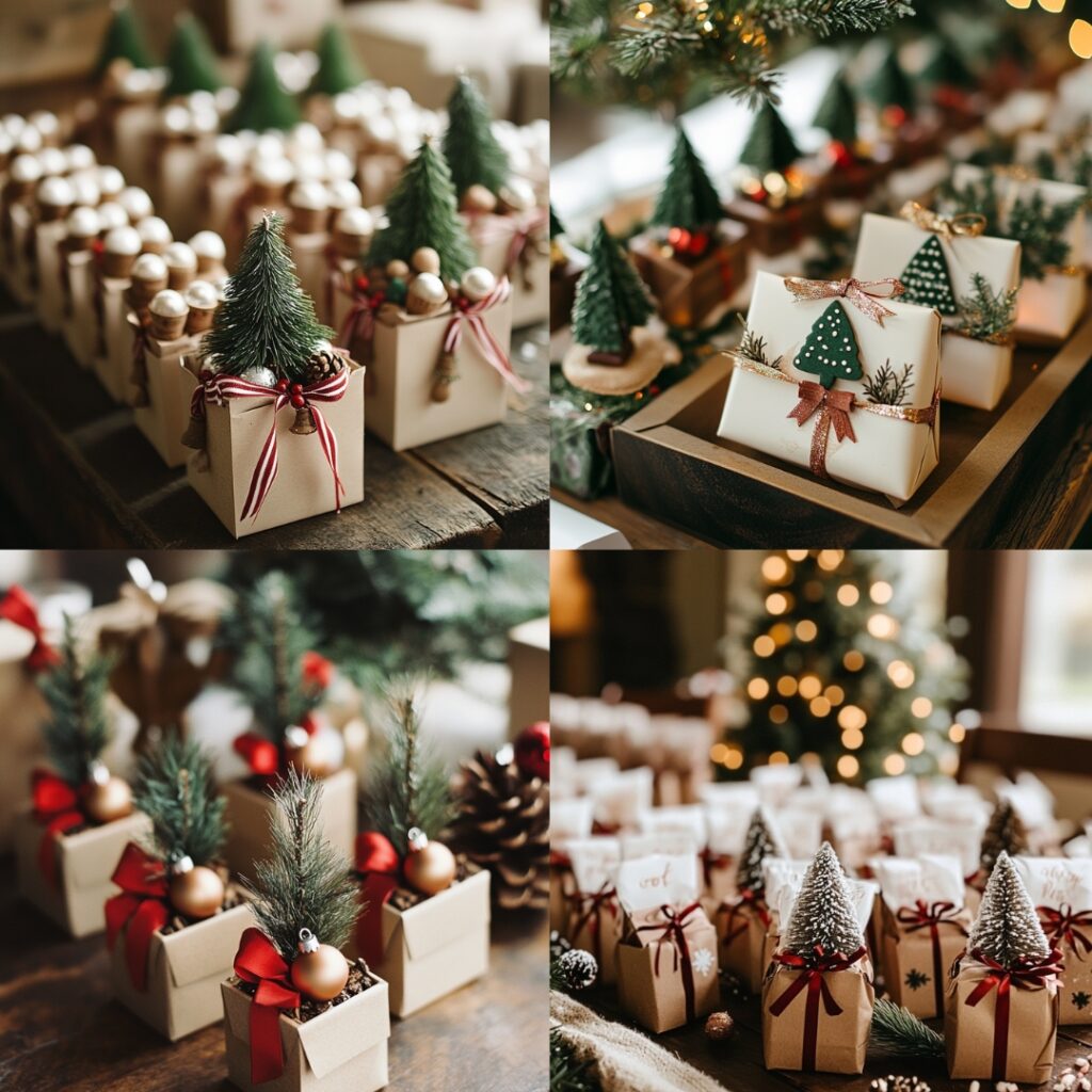 Thoughtful holiday-inspired wedding favors like personalized ornaments, mini Christmas trees, and hot cocoa kits wrapped in festive packaging.