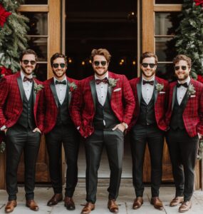 Groomsmen dressed in festive and stylish Christmas wedding attire, featuring rich textures, bold colors, and seasonal accessories for a winter celebration.