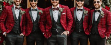 Groomsmen dressed in festive and stylish Christmas wedding attire, featuring rich textures, bold colors, and seasonal accessories for a winter celebration.
