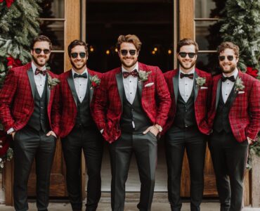 Groomsmen dressed in festive and stylish Christmas wedding attire, featuring rich textures, bold colors, and seasonal accessories for a winter celebration.