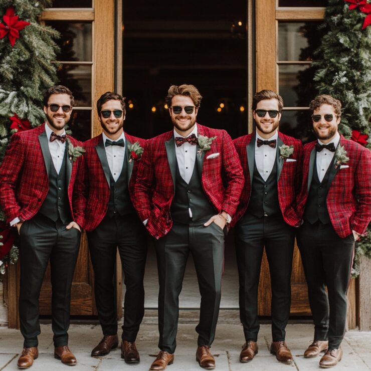 Groomsmen dressed in festive and stylish Christmas wedding attire, featuring rich textures, bold colors, and seasonal accessories for a winter celebration.