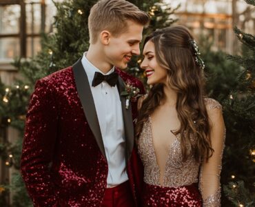 Festive and elegant couple attending a Christmas wedding, dressed in coordinated holiday-inspired outfits that blend formal style with seasonal colors and textures.