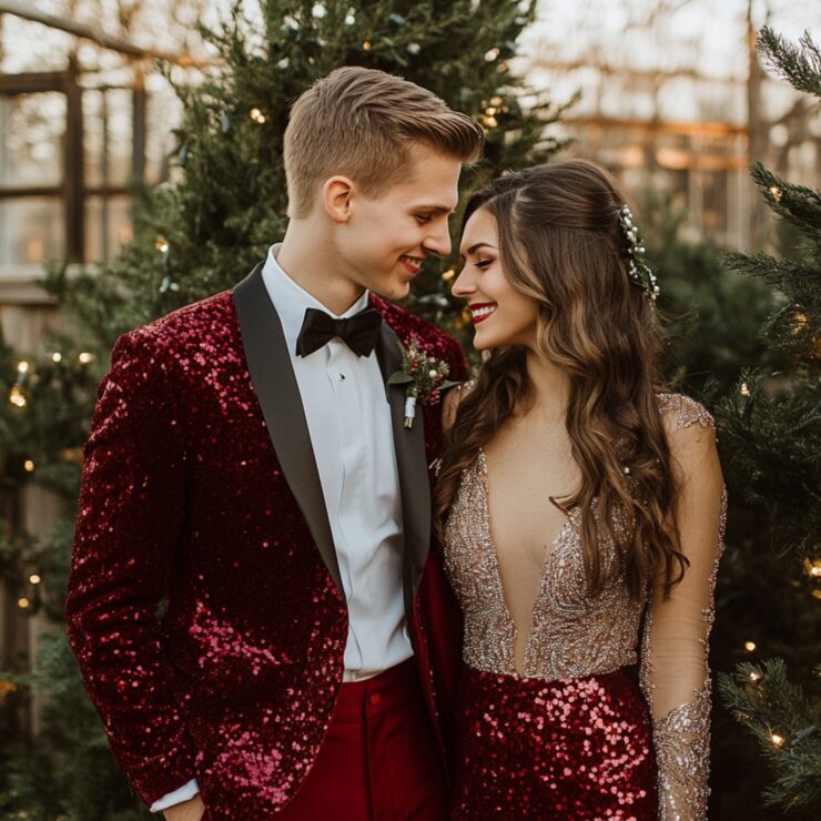 Festive and elegant couple attending a Christmas wedding, dressed in coordinated holiday-inspired outfits that blend formal style with seasonal colors and textures.