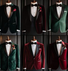 A collection of men’s Christmas wedding guest outfits, featuring classic tuxedos, velvet blazers, and festive suits, highlighting the perfect balance of formal elegance and seasonal flair for a polished winter look.