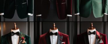 A collection of men’s Christmas wedding guest outfits, featuring classic tuxedos, velvet blazers, and festive suits, highlighting the perfect balance of formal elegance and seasonal flair for a polished winter look.