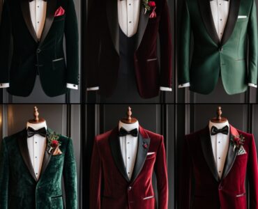 A collection of men’s Christmas wedding guest outfits, featuring classic tuxedos, velvet blazers, and festive suits, highlighting the perfect balance of formal elegance and seasonal flair for a polished winter look.