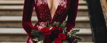 Elegant Christmas wedding guest dressed in festive attire, combining holiday magic with formal wedding elegance. Velvet, sequins, and classic colors for a chic look.