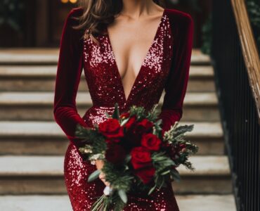 Elegant Christmas wedding guest dressed in festive attire, combining holiday magic with formal wedding elegance. Velvet, sequins, and classic colors for a chic look.