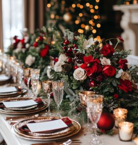 A beautifully decorated Christmas wedding reception, blending festive holiday themes with personal touches, creates a magical, joyful celebration full of warmth and elegance.