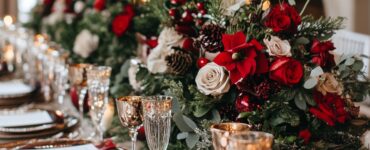 A beautifully decorated Christmas wedding reception, blending festive holiday themes with personal touches, creates a magical, joyful celebration full of warmth and elegance.