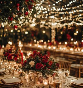 An enchanting Christmas wedding venue filled with festive decor and joyful ambiance creates a magical setting for a celebration of love and holiday cheer.