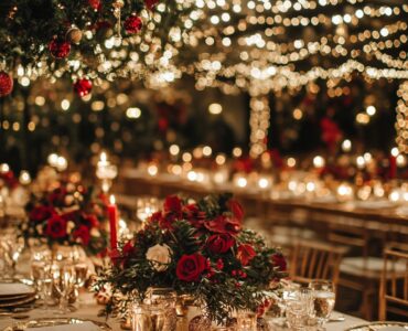 An enchanting Christmas wedding venue filled with festive decor and joyful ambiance creates a magical setting for a celebration of love and holiday cheer.