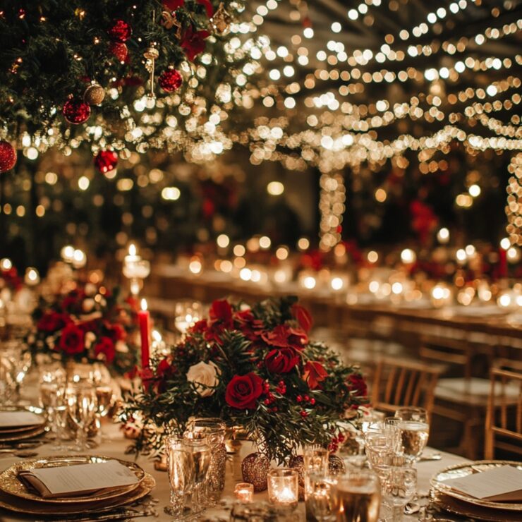 An enchanting Christmas wedding venue filled with festive decor and joyful ambiance creates a magical setting for a celebration of love and holiday cheer.