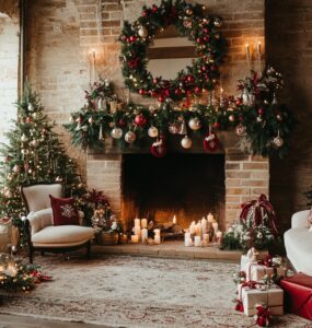 A festive at-home Christmas wedding setup, featuring a cozy fireplace, personalized ornaments, and holiday-themed décor, creating a warm, elegant, and joyful atmosphere.