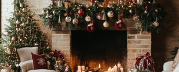 A festive at-home Christmas wedding setup, featuring a cozy fireplace, personalized ornaments, and holiday-themed décor, creating a warm, elegant, and joyful atmosphere.
