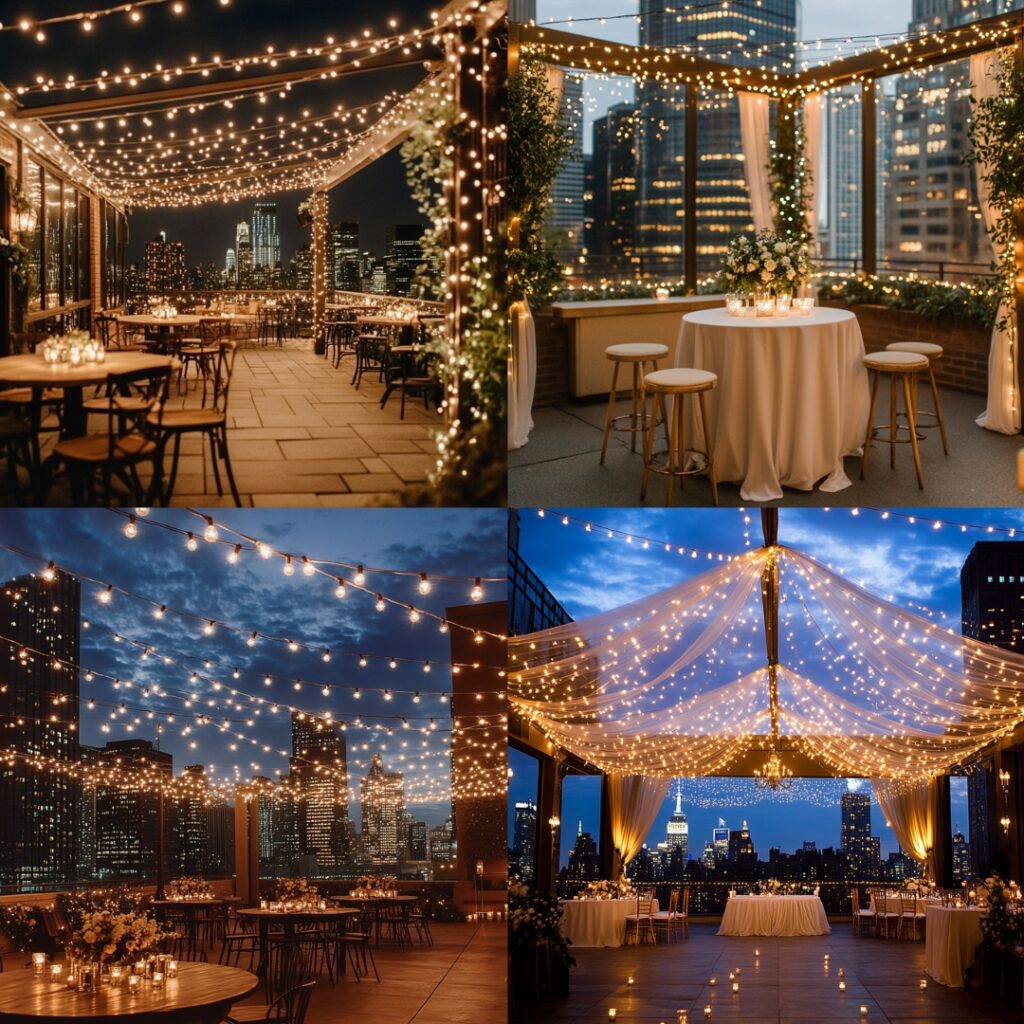 City rooftop wedding venue with stunning urban skyline views, decorated with string lights and providing indoor-outdoor spaces for a cozy New Year's celebration.