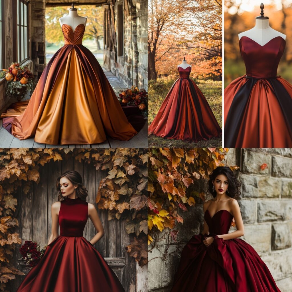 A timeless classic ball gown with a fitted bodice and full skirt in rich colors, perfect for a formal Thanksgiving wedding setting.