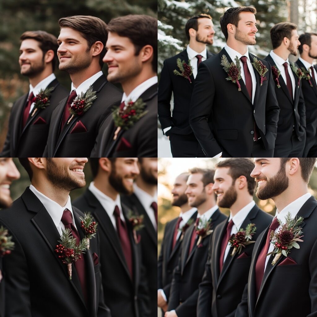 Groomsmen in classic black suits with burgundy ties and winter-inspired boutonnieres, featuring pine sprigs and berries, perfect for an elegant December wedding.
