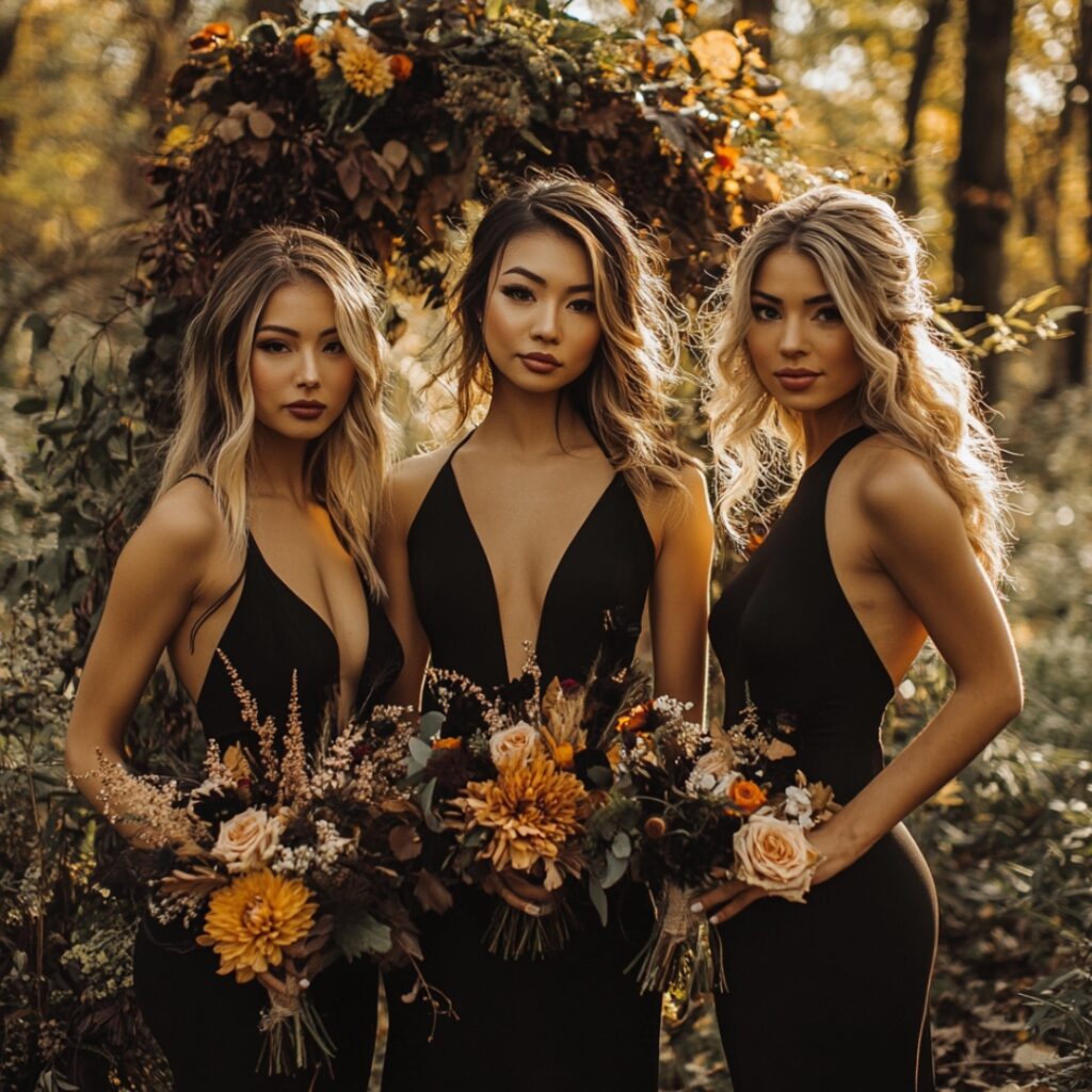 Bridesmaids wearing modern black dresses with asymmetrical necklines and cutouts, personalized with unique accessories and styled against a backdrop of autumn floral arrangements.
