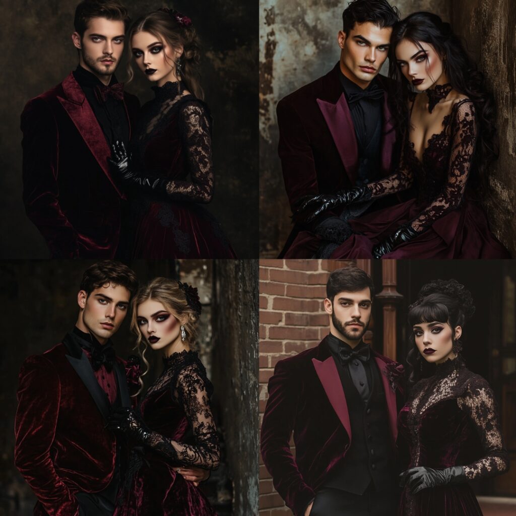 Couple in classic gothic attire, showcasing a deep burgundy suit and velvet dress with lace gloves, complemented by dark, moody makeup for a dramatic look.